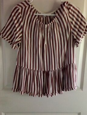 Madewell Burgundy and White Striped Ruffle Peasant Top